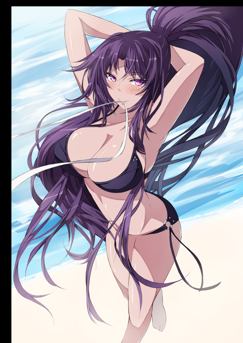 blush breasts cleavage decchi_oyabun highres large_breasts long_hair mouth_hold o-ring_bottom original ponytail purple_eyes purple_hair solo swimsuit violet_eyes