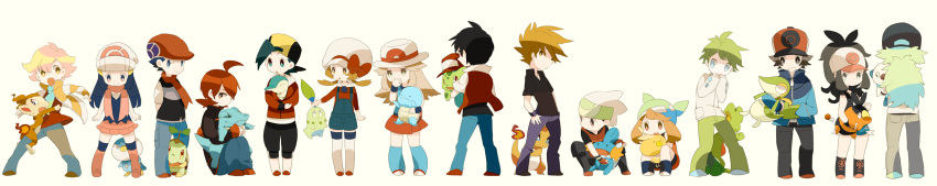 6+boys ahoge alternate_costume backwards_hat baseball_cap black_hair blonde_hair blue_(pokemon) blue_eyes blue_hair brown_eyes brown_hair brown_ribbon bulbasaur charmander chibi chikorita chimchar clothed_pokemon cyndaquil everyone gold_(pokemon) gold_(pokemon)_(remake) green_hair hagiko haruka_(pokemon) hat hat_removed hat_ribbon headwear_removed highres hikari_(pokemon) holding hug jun_(pokemon) kotone_(pokemon) kouki_(pokemon) kouki_(pokemon)_(classic) leaf_(pokemon) long_hair mitsuru_(pokemon) mudkip multiple_boys multiple_girls n_(pokemon) ookido_green ookido_green_(frlg) oshawott piplup pokemon pokemon_(creature) pokemon_(game) pokemon_black_and_white pokemon_bw pokemon_dppt pokemon_gsc pokemon_rgby pokemon_rse ponytail red_(pokemon) red_(pokemon)_(classic) red_(pokemon)_(cosplay) red_eyes red_hair red_ribbon redhead ribbon scarf short_hair silver_(pokemon) silver_(pokemon)_(remake) sitting snivy squatting squirtle standing tepig thighhighs torchic totodile touko_(pokemon) touya_(pokemon) treecko turtwig yellow_eyes yuuki_(pokemon) yuuki_(pokemon)_(remake)