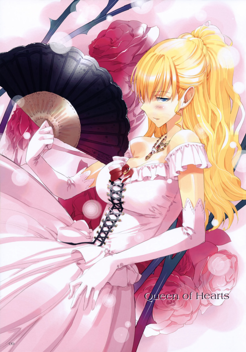 alice_in_wonderland blonde_hair blue_eyes breasts cleavage dress elbow_gloves fan flower gloves highres jewelry long_hair necklace queen_of_hearts red_rose rose solo thorns ueda_ryou