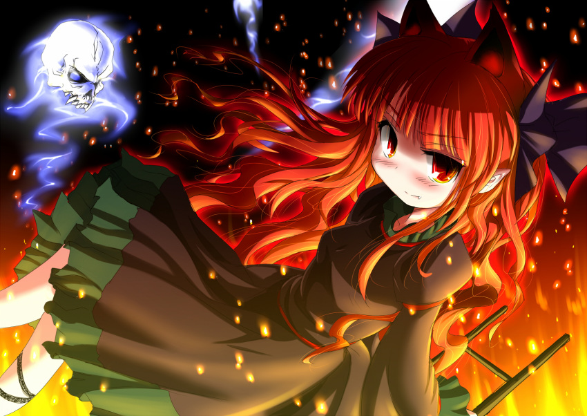 animal_ears cat_ears extra_ears fang fire floating_skull hair_down highres inyu inyucchi kaenbyou_rin looking_at_viewer pointy_ears red_eyes red_hair skull touhou wheelbarrow