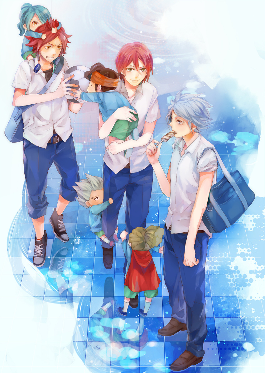 blue_hair brown_hair child endou_mamoru fubuki_shirou highres inazuma_eleven kazemaru_ichirouta kidou_yuuto kiyama_hiroto male glasses_(artist) nagumo_haruya popsicle red_hair young