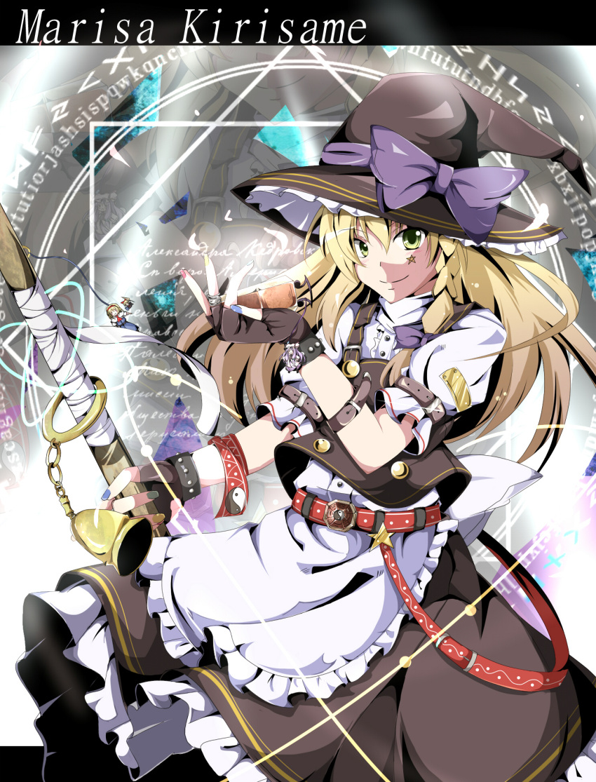 alice_margatroid alternate_costume apron bell belt blonde_hair braid broom character_doll character_name doll fingerless_gloves gloves gradient_hair green_eyes hat highres kirisame_marisa long_hair magic_circle multicolored_hair multicolored_nail_polish nail_polish patchouli_knowledge pentagram shino_(moment) sinosino smile solo star touhou witch_hat zoom_layer