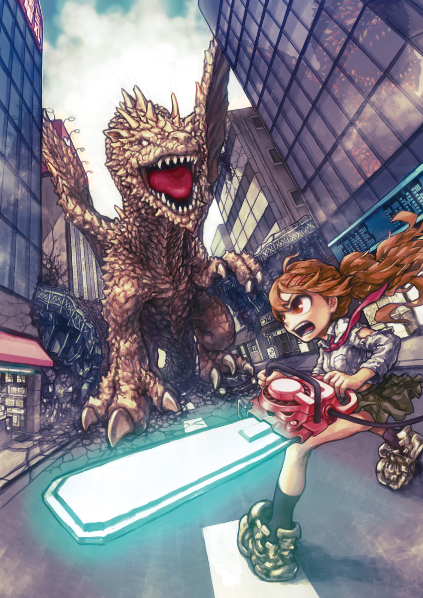 brown_eyes brown_hair building chainsaw city destruction dragon highres nikerabi open_mouth pixiv_festa ponytail road torn_clothes