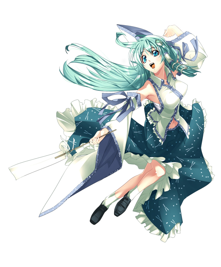 aqua_hair armpits blue_eyes breasts detached_sleeves frog gohei green_eyes green_hair hair_ornament highres ichikawa_ryuunosuke japanese_clothes kochiya_sanae large_breasts loafers long_hair miko navel open_mouth outstretched_arm sarashi shoes simple_background smile snake solo touhou weapon wide_sleeves