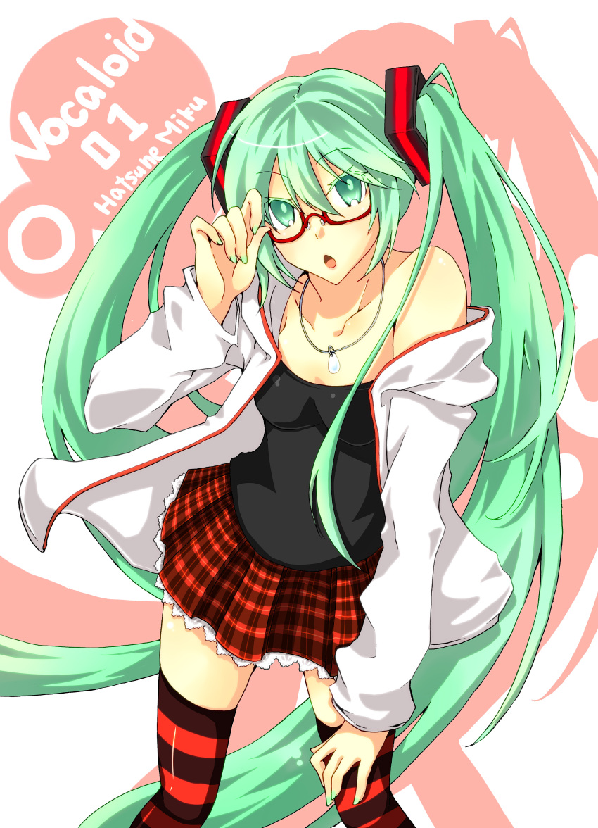 absurdres glasses green_eyes green_hair hatsune_miku highres jewelry kocchi_muite_baby_(vocaloid) long_hair nasuko necklace open_mouth project_diva project_diva_2nd skirt solo striped striped_legwear striped_thighhighs thigh-highs thighhighs twintails very_long_hair vocaloid
