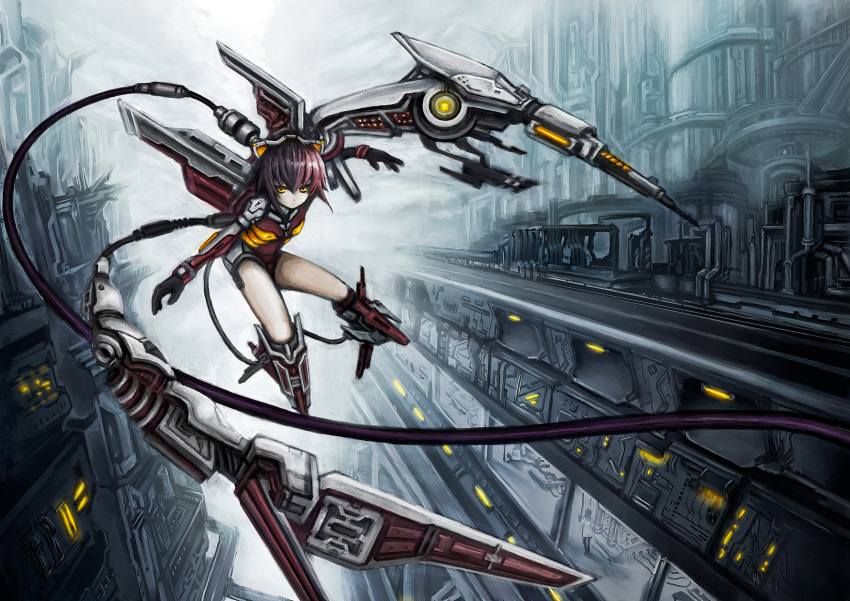 gloves highres mecha_musume original purple_hair science_fiction scifi solo wacchi30 wings wire yellow_eyes
