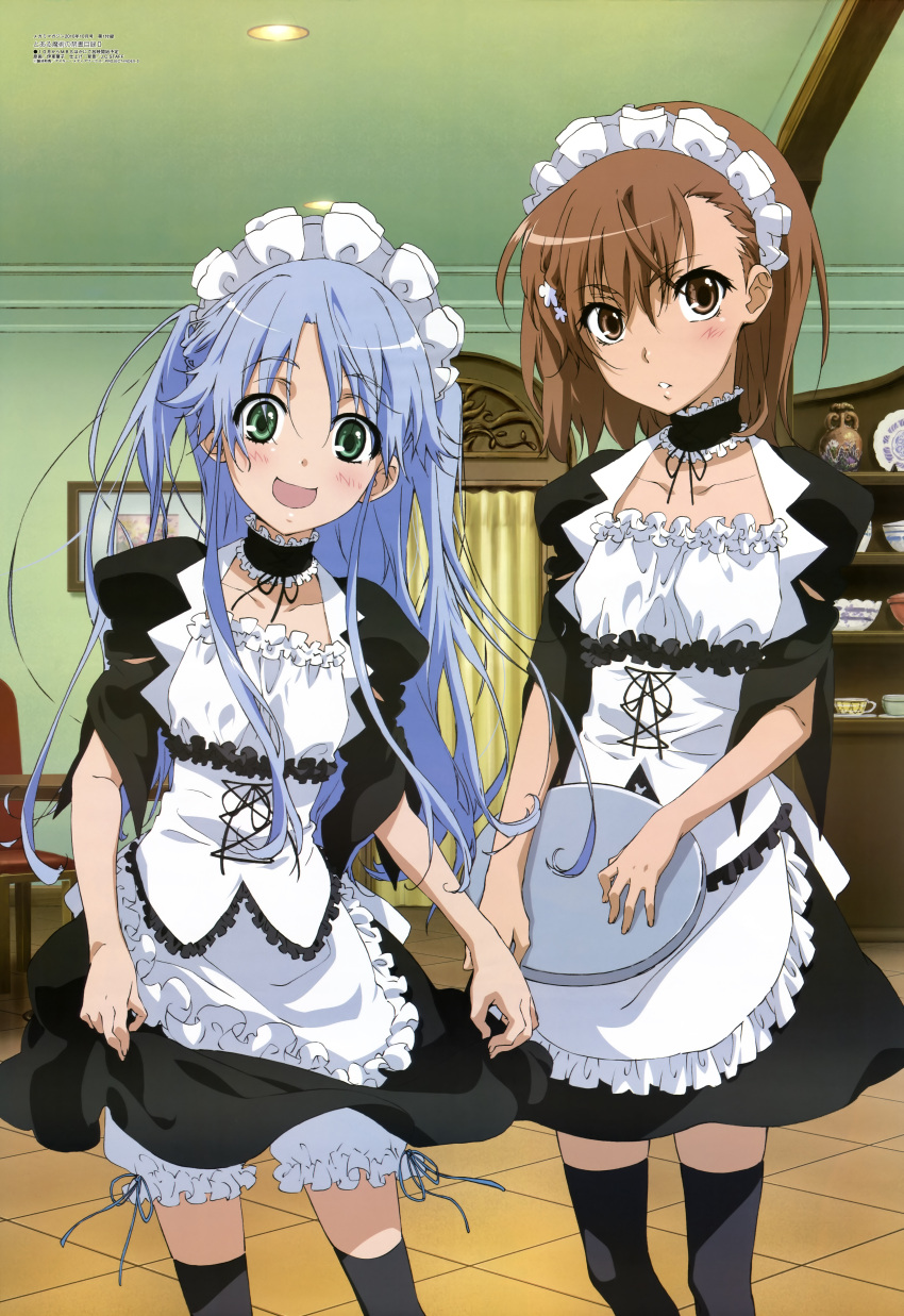 absurdres alternate_costume bloomers blush cosplay enmaided frills hair_ornament hairclip highres index itou_youko kaichou_wa_maid-sama kaichou_wa_maid-sama! maid maid_headdress megami messy_hair misaka_mikoto multiple_girls official_art smile thigh-highs thighhighs to_aru_kagaku_no_railgun to_aru_majutsu_no_index twintails