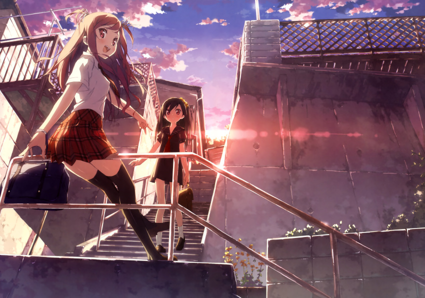 absurdres bag cloud from_below highres kantoku kurumi_(kantoku) legs lens_flare long_hair multiple_girls open_mouth original plaid railing school_bag school_uniform serafuku shizuku_(kantoku) stairs sunlight sunset tartan thigh-highs thighhighs