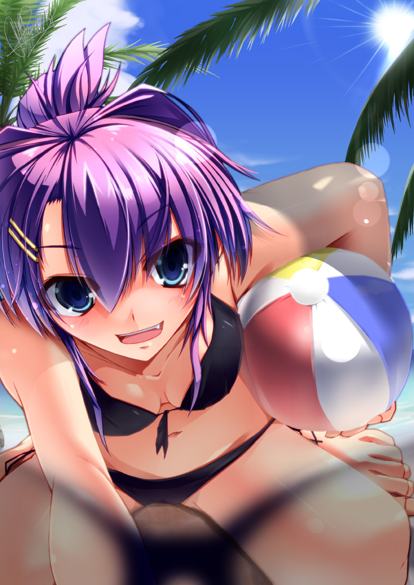beach beachball bikini blue_eyes fang highres kurasaki_cority original pov purple_hair short_hair solo sun swimsuit