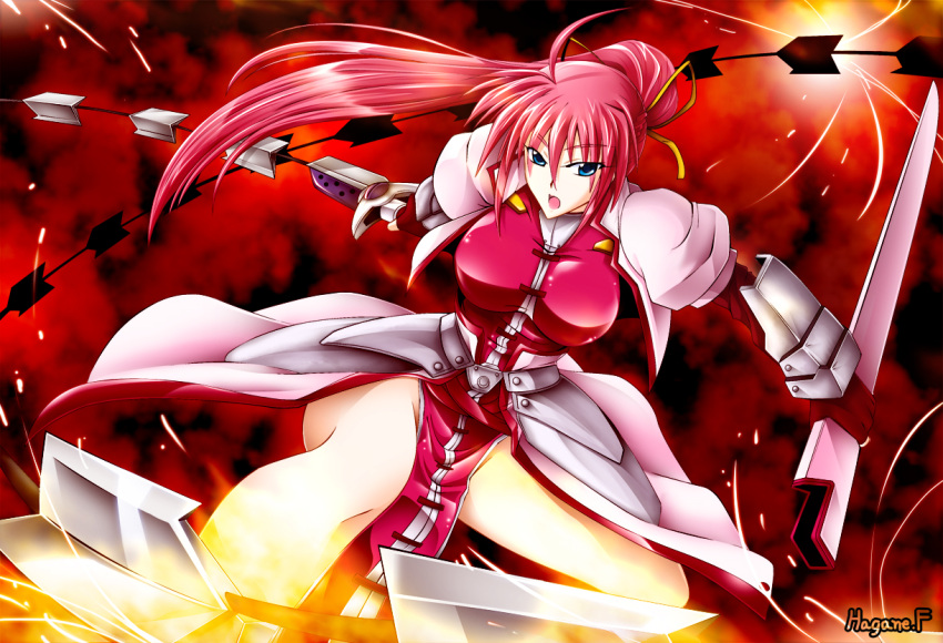breasts haganef large_breasts levantine mahou_shoujo_lyrical_nanoha mahou_shoujo_lyrical_nanoha_a's mahou_shoujo_lyrical_nanoha_a's mahou_shoujo_lyrical_nanoha_strikers pink_hair ponytail signum sword weapon whip whip_sword