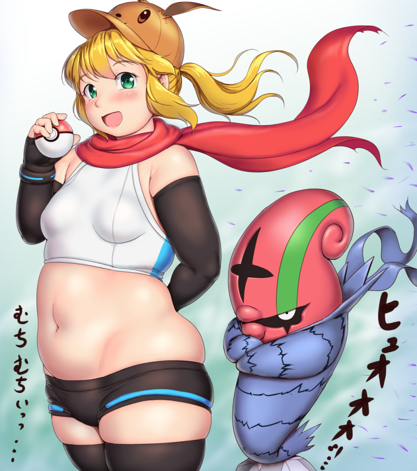 1girl accelgor arm_behind_back bangs bare_shoulders blonde_hair blush breasts character_request commentary_request cowboy_shot fingerless_gloves gloves gradient gradient_background green_eyes hat head_tilt highres holding holding_poke_ball looking_at_viewer medium_hair navel open_mouth orizen poke_ball pokemon ponytail scarf smile thigh-highs translation_request