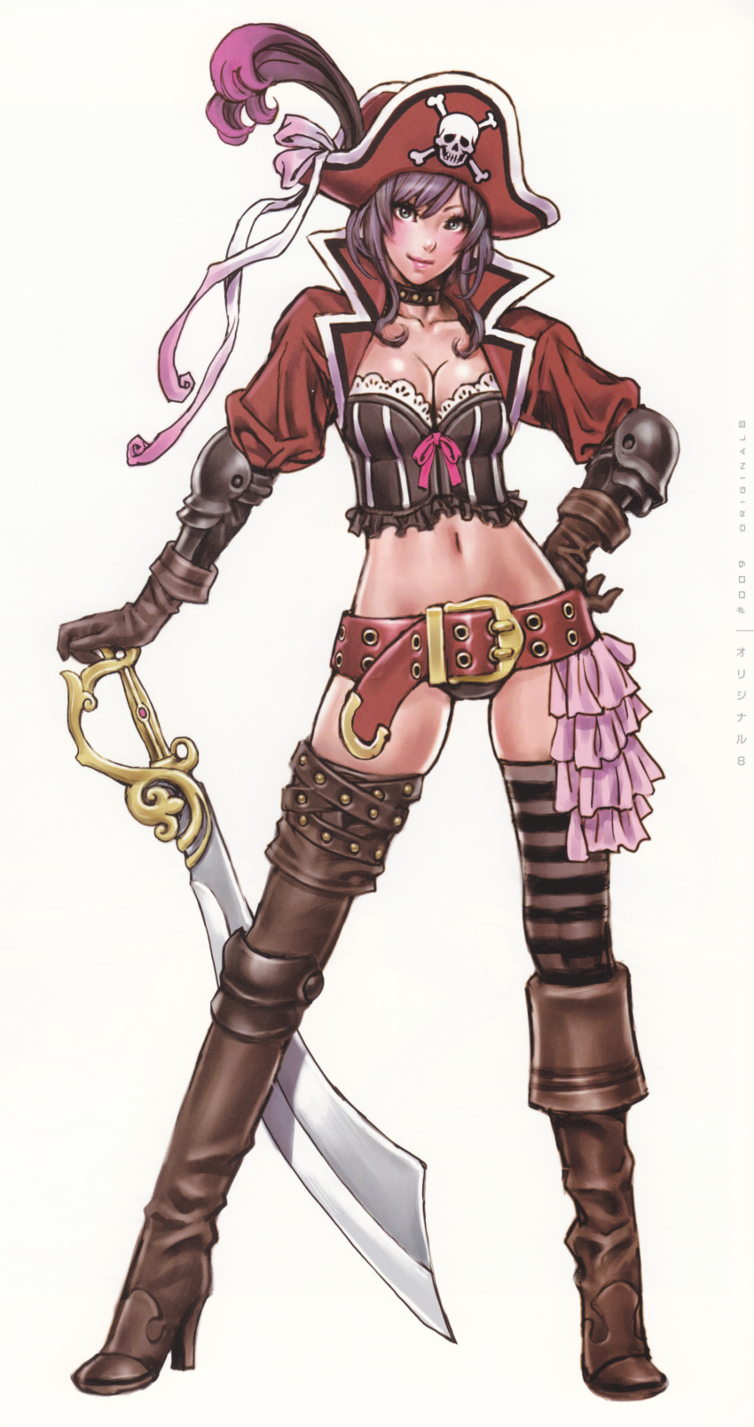 1girl belt belt_buckle beltskirt boots breasts brown_footwear buckle cleavage closed_mouth corset cropped_jacket female full_body gloves green_eyes hand_on_hip hand_on_sword hand_on_weapon hat high_heel_boots high_heels highres horizontal-striped_legwear horizontal_stripes jacket lips lipstick midriff mismatched_legwear mismatched_thighhighs pirate pirate_hat simple_background smile solo standing striped_legwear sword thigh-highs thighhighs weapon white_background yamashita_shun'ya yamashita_shunya