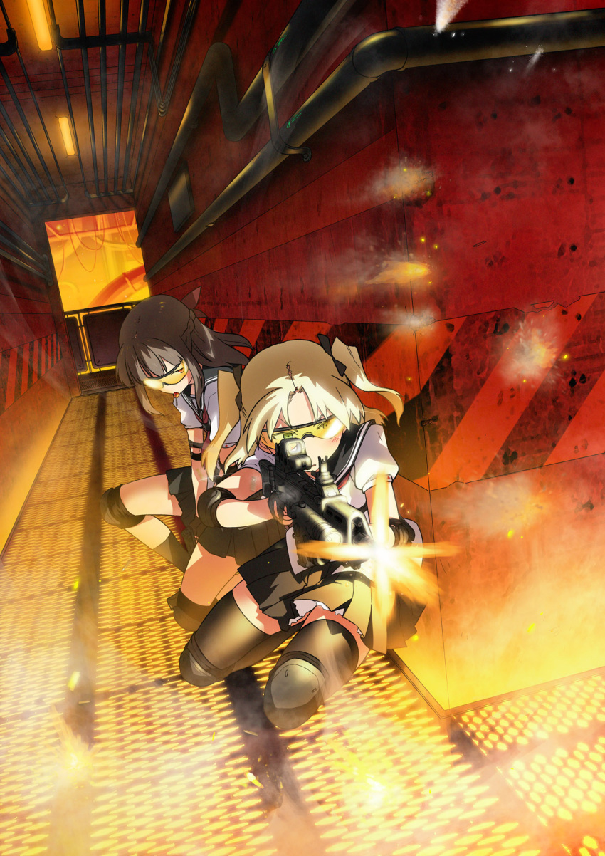 black_hair blonde_hair bow candy casing_ejection elbow_pads fingerless_gloves firing g36c glock gloves goggles gun hair_bow half_updo hallway handgun heckler_&amp;_koch highres knee_pads lamp ling_(cg_sky) lollipop long_hair multiple_girls muzzle_flash original pipes school_uniform serafuku shell_casing shooting_glasses skirt smith_&amp;_wesson steam submachine_gun thighhighs twintails two_side_up under_fire weapon