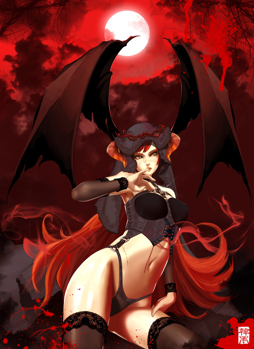 corset crown_of_thorns cuts demon_girl detached_sleeves finger_to_mouth head_wings highres horns injury lace lingerie long_hair midriff mole moon navel original panties red_hair red_sky redhead scar solo stitched succubus thigh-highs thighhighs ukero underwear wings