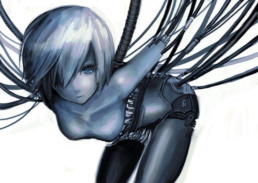 cable hair_over_one_eye mecha_musume original robot_joints short_hair simple_background solo wacchi30 white_hair wire