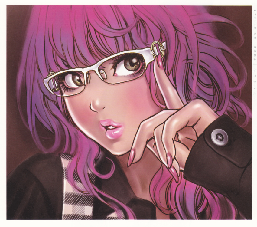 absurdres fingernails glasses highres lips nail_polish nails purple_hair scan solo yamashita_shun'ya yamashita_shunya