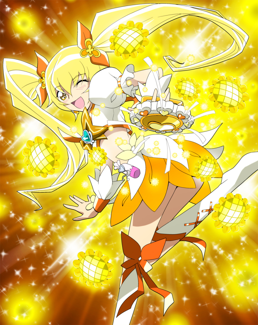 blonde_hair blush boots cure_sunshine hair_ribbon heartcatch_precure! highres instrument long_hair magical_girl midriff myoudouin_itsuki open_mouth precure ribbon shiny_tambourine skirt solo tambourine twintails v-mag wink wrist_cuffs yellow yellow_background yellow_eyes