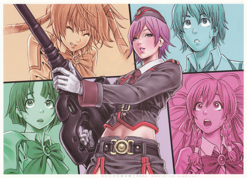 green_eyes gun hat highres lips lipstick midriff mishiro_akatsuki nida_schuetlitch purple_hair shuraki uniform weapon yamashita_shun'ya yamashita_shunya