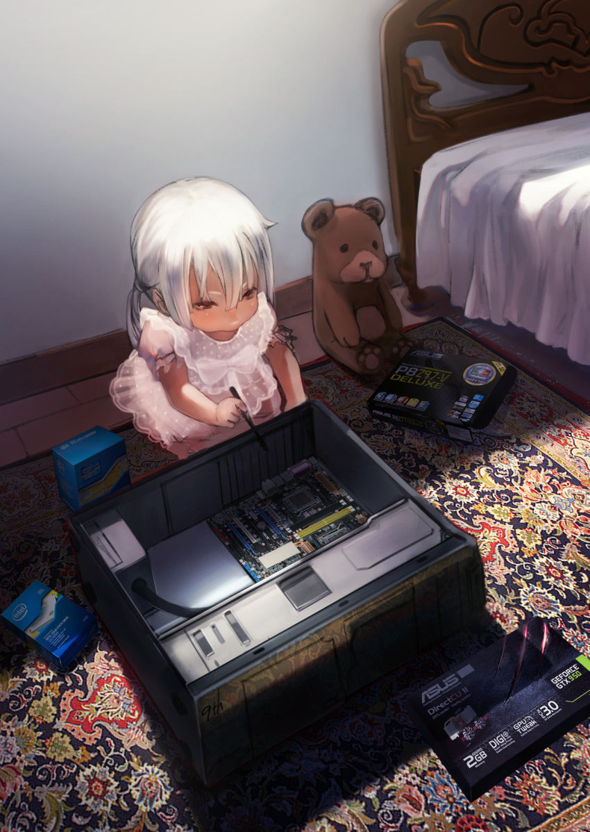 1girl asus blonde_hair box computer highres intel masashi_(excellent) on_floor original solo stuffed_animal stuffed_toy teddy_bear