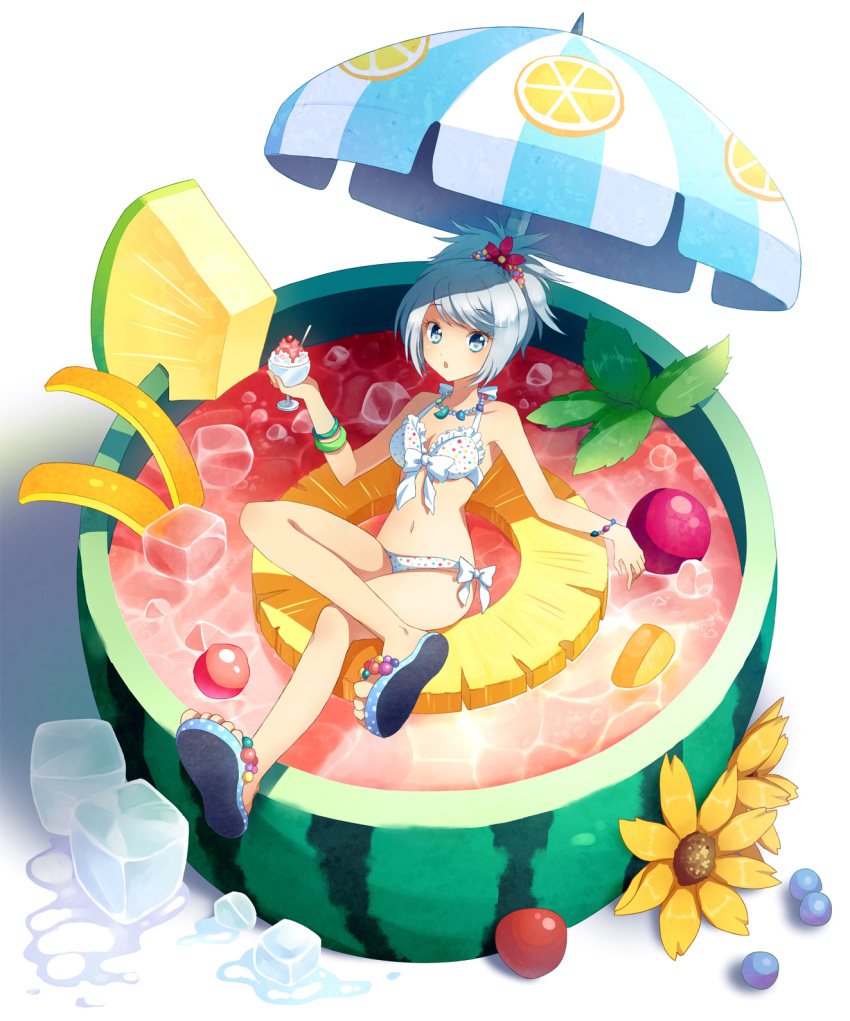 bracelet cup flower food front-tie_top fruit hair_flower hair_ornament highres ice in_container in_cup in_food jewelry legs mauve minigirl necklace parasol pineapple polka_dot polka_dot_bikini polka_dot_swimsuit ponytail sandals side-tie_bikini swimsuit umbrella watermelon