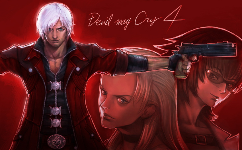 black_hair blonde_hair blue_eyes boyaking choker dante devil_may_cry devil_may_cry_4 facial_hair fingerless_gloves gloves gun handgun lady outstretched_arms outstretched_hand smirk stubble sunglasses trench_coat trenchcoat trish weapon white_hair