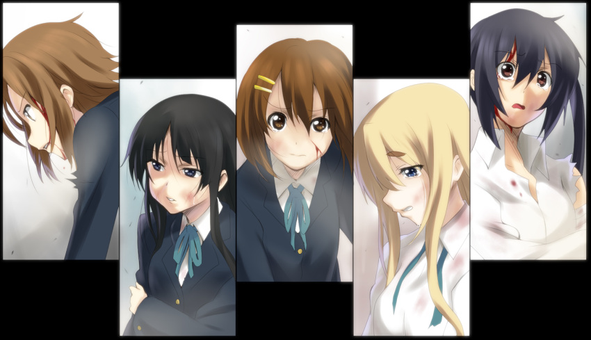 akiyama_mio black_hair blonde_hair blood blue_eyes brown_eyes brown_hair bruise column_lineup commentary cuts face hair_ornament hairclip hirasawa_yui ikari_manatsu injury k-on! kotobuki_tsumugi long_hair multiple_girls nakano_azusa school_uniform short_hair tainaka_ritsu tears torn_clothes twintails