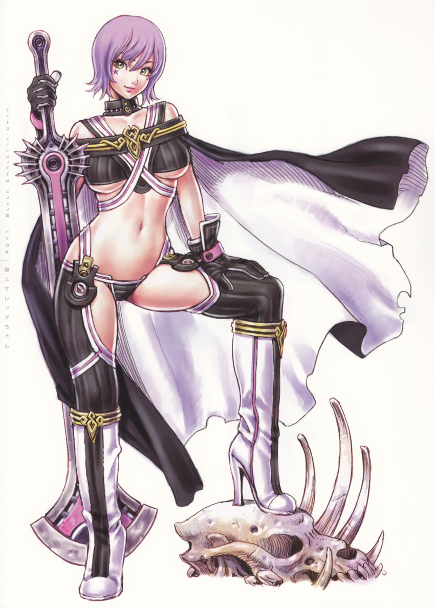 1girl boots breasts cape closed_mouth facial_mark female full_body gloves green_eyes hand_on_own_leg high_heel_boots high_heels highres holding holding_sword holding_weapon lips lipstick midriff navel purple_hair shoes short_hair simple_background solo standing sword underboob weapon yamashita_shun'ya yamashita_shunya