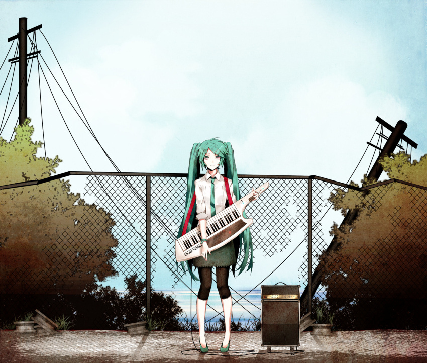 amplifier aqua_hair arisaka_ako bracelet cable chainlink_fence cloud hatsune_miku highres instrument jewelry keyboard_(instrument) long_hair necktie power_lines ruins skirt sky solo telephone_pole twintails very_long_hair vocaloid