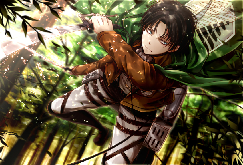 1boy 3dmg angel31424 belt black_hair blue_eyes boots cape dual_wielding forest jacket levi_(shingeki_no_kyojin) nature reverse_grip shingeki_no_kyojin solo sword thigh_strap weapon wire