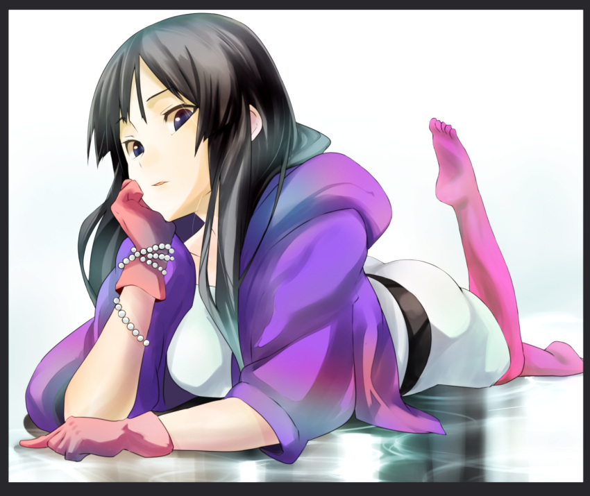 bad_id black_eyes black_hair chin_rest foreshortening gloves hoodie jewelry k-on! leg_up long_hair lying no_shoes no_thank_you no_thank_you! nuezou on_stomach pantyhose pink_legwear pink_pantyhose solo