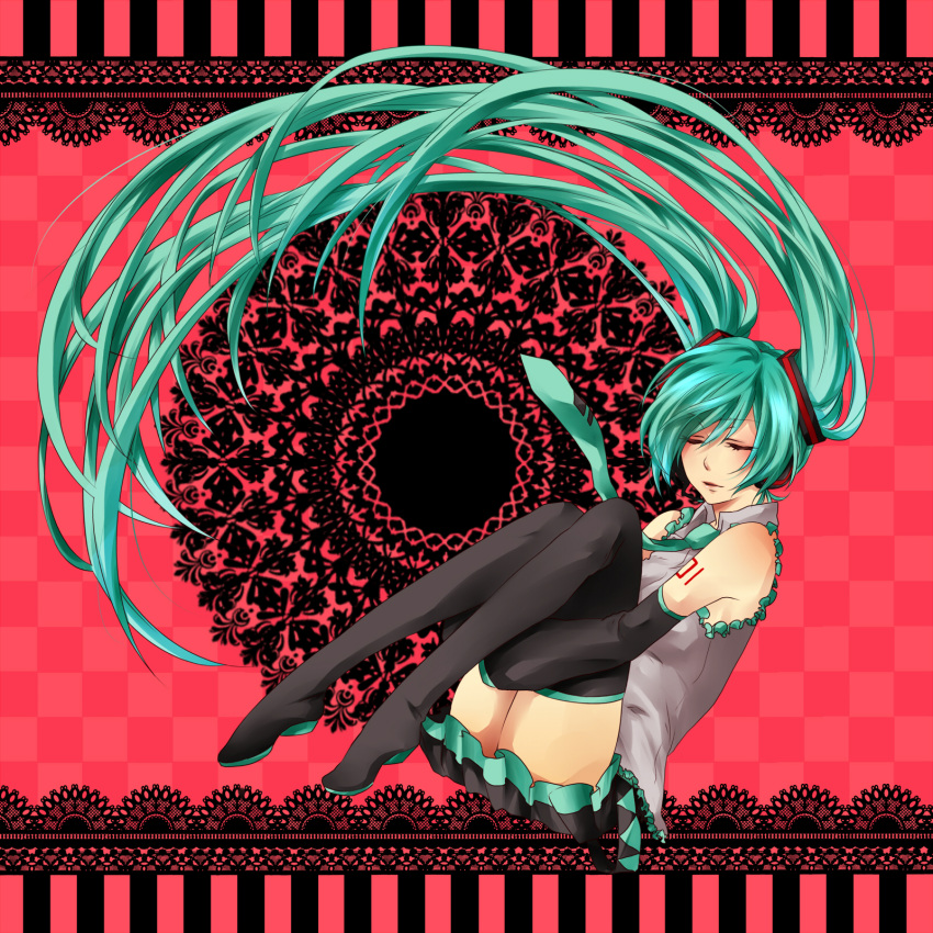 anti-gravity aqua_hair bad_id closed_eyes detached_sleeves floating floating_hair hatsune_miku highres long_hair necktie rico_(fbn3) sitting skirt solo thigh-highs thighhighs twintails very_long_hair vocaloid