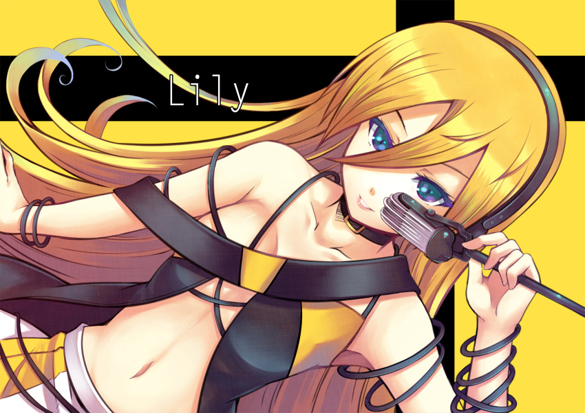 blue_eyes cable collar furai hands headphones highres lily_(vocaloid) long_hair microphone midriff navel smile solo vocaloid