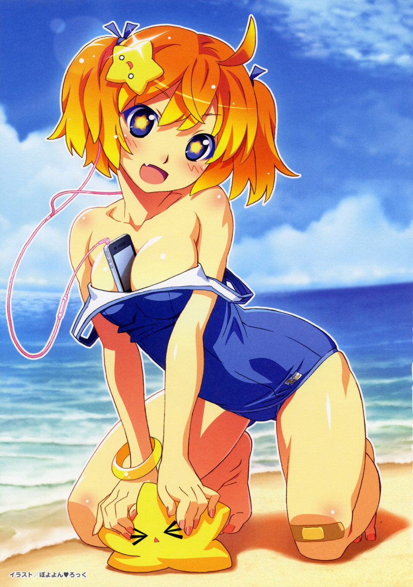 barefoot beach between_breasts blue_eyes bracelet digital_media_player fang hair_ornament highres ipod jewelry kneeling multicolored_hair one-piece_swimsuit school_swimsuit short_hair solo star swimsuit symbol-shaped_pupils watanabe_akio water