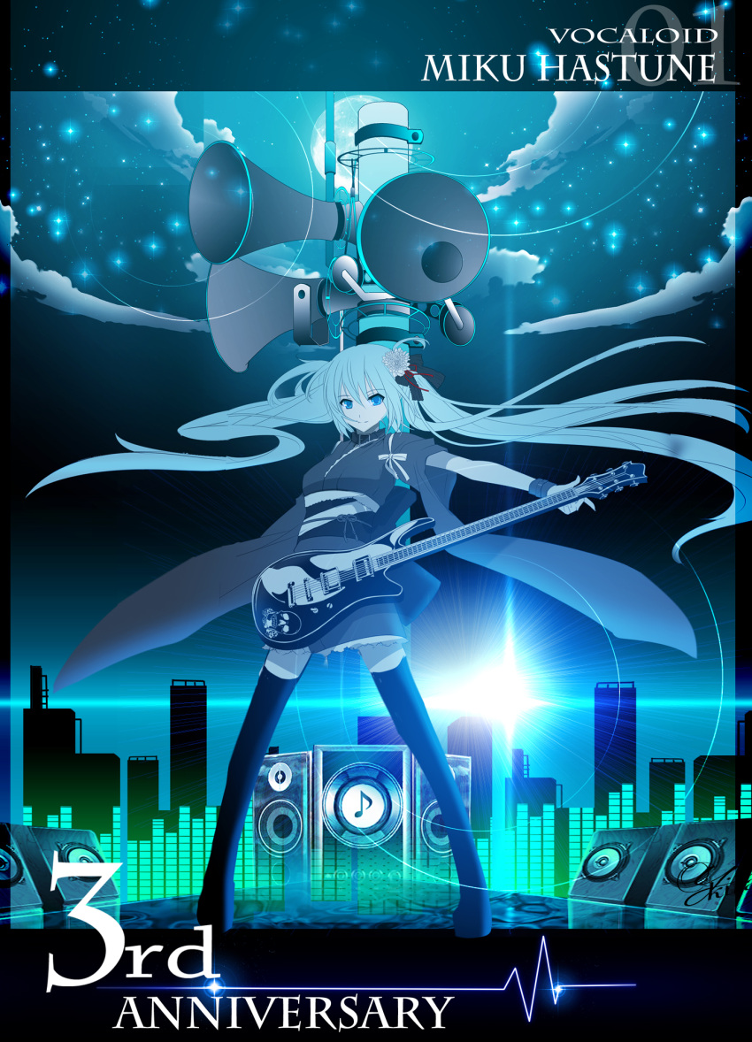 aqua_hair cityscape collar frills guitar hatsune_miku highres instrument japanese_clothes kimono lens_flare long_hair megaphone night short_kimono speaker thigh-highs thighhighs tower twintails very_long_hair vocaloid yuuki_kira