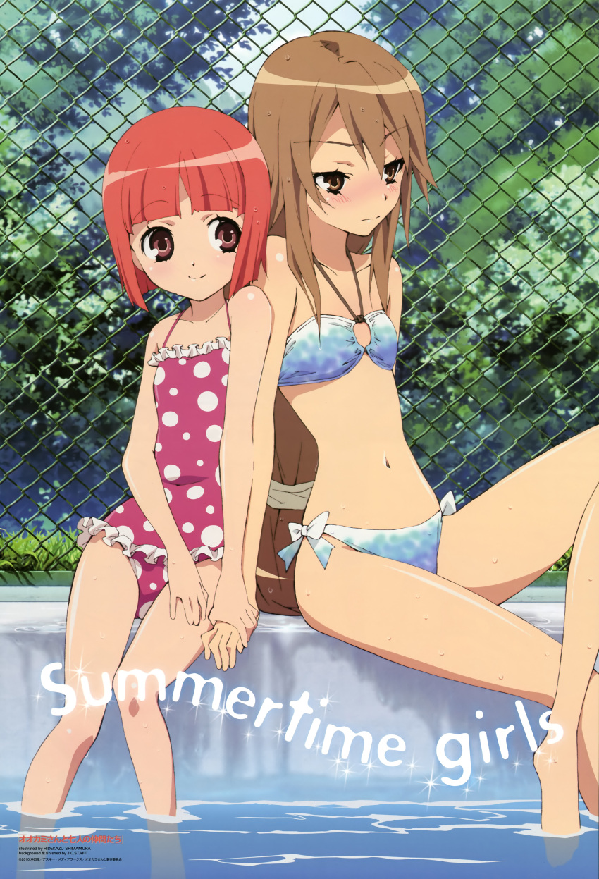 absurdres akai_ringo bangs barefoot bikini blunt_bangs blush bob_cut bow brown_eyes brown_hair casual_one-piece_swimsuit chainlink_fence crossed_legs embarrassed feet_in_water fence flat_chest frilled_swimsuit frills highres holding_hands legs long_hair multiple_girls official_art one-piece_swimsuit ookami-san ookami-san_to_shichinin_no_nakamatachi ookami_ryouko outdoors pink_eyes polka_dot polka_dot_swimsuit ponytail pool poolside red_hair shimamura_hidekazu short_hair sitting smile soaking_feet swimsuit thigh_gap very_long_hair water wet