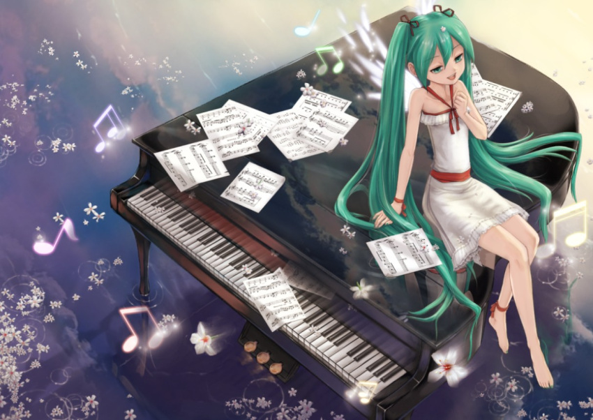 anklet barefoot crazypen dress green_eyes green_hair hair_ribbon hatsune_miku instrument jewelry legs long_hair musical_note piano reflection ribbon sheet_music sitting sky solo twintails very_long_hair vocaloid water