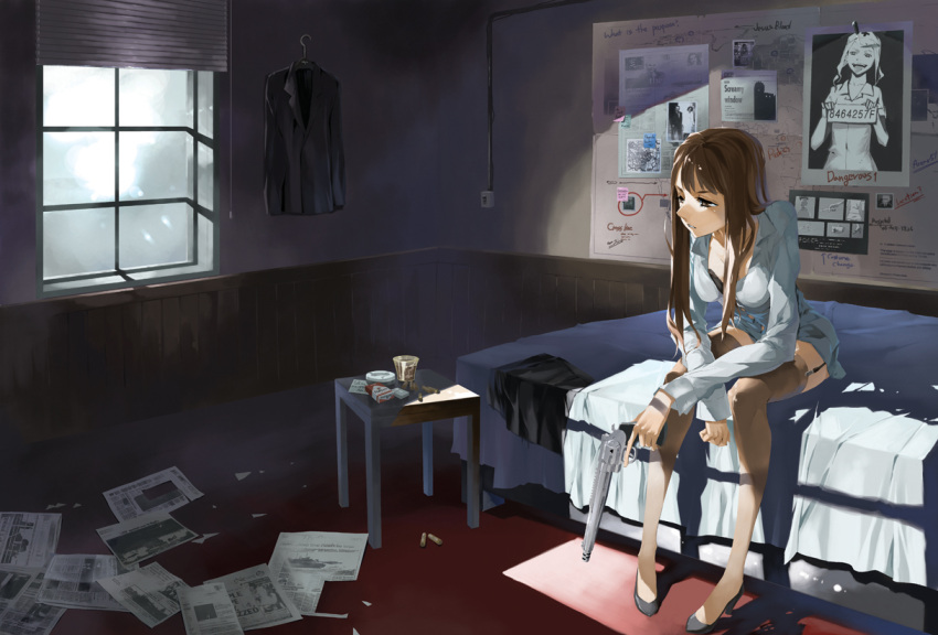 brown_eyes brown_hair crossed_arms detective garter_straps gun handgun high_heels highres justminor legs long_hair marlboro mugshot newspaper original revolver room shadow shirt shoes sitting solo stool sunlight thigh-highs thighhighs wanted weapon weapon_request window