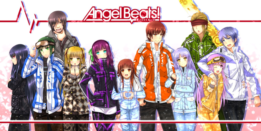 arm_hug char_(angel_beats!) everyone fang heart heart_hands height_difference highres hinata_(angel_beats!) naoi_ayato otonashi_(angel_beats!) otonashi_hatsune sekine shiina_(angel_beats!) ski_gear snowboard swordsouls tachibana_kanade tk_(angel_beats!) winter_clothes yui_(angel_beats!) yuri_(angel_beats!) yusa yusa_(angel_beats!)