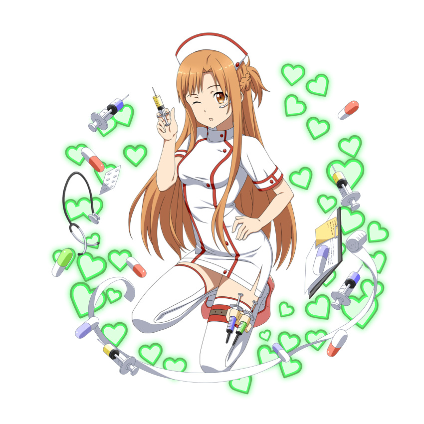 alpha_transparency asuna_(sao) full_body hand_on_hip highres holding holding_syringe kneeling leg_strap nurse official_art solo sword_art_online sword_art_online:_memory_defrag syringe thigh-highs zettai_ryouiki