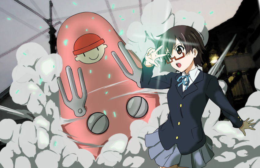 brown_hair crossover dennou_coil glasses k-on! manabe_nodoka mecha open_mouth parody red-framed_glasses robot saitoyu00 satchii school_uniform semi-rimless_glasses short_hair under-rim_glasses v_over_eye