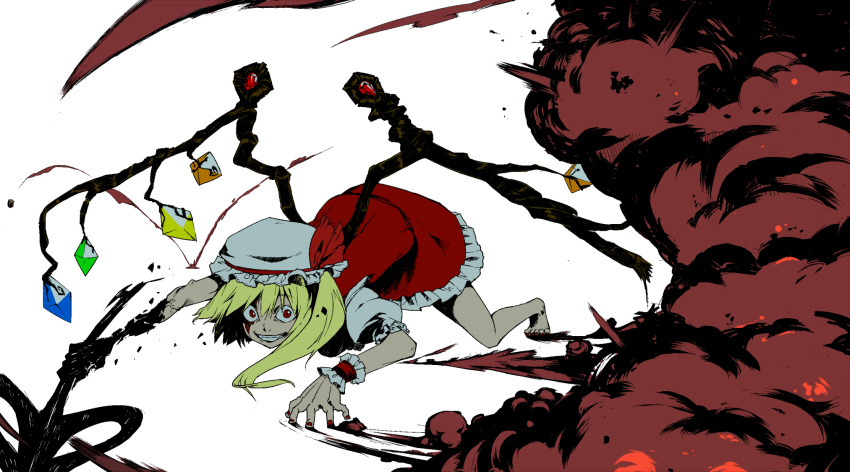 all_fours alternate_wings ascot barefoot blonde_hair blood blood_on_face explosion flandre_scarlet grin hat highres laevatein red_eyes side_ponytail smile touhou wings yokohachi