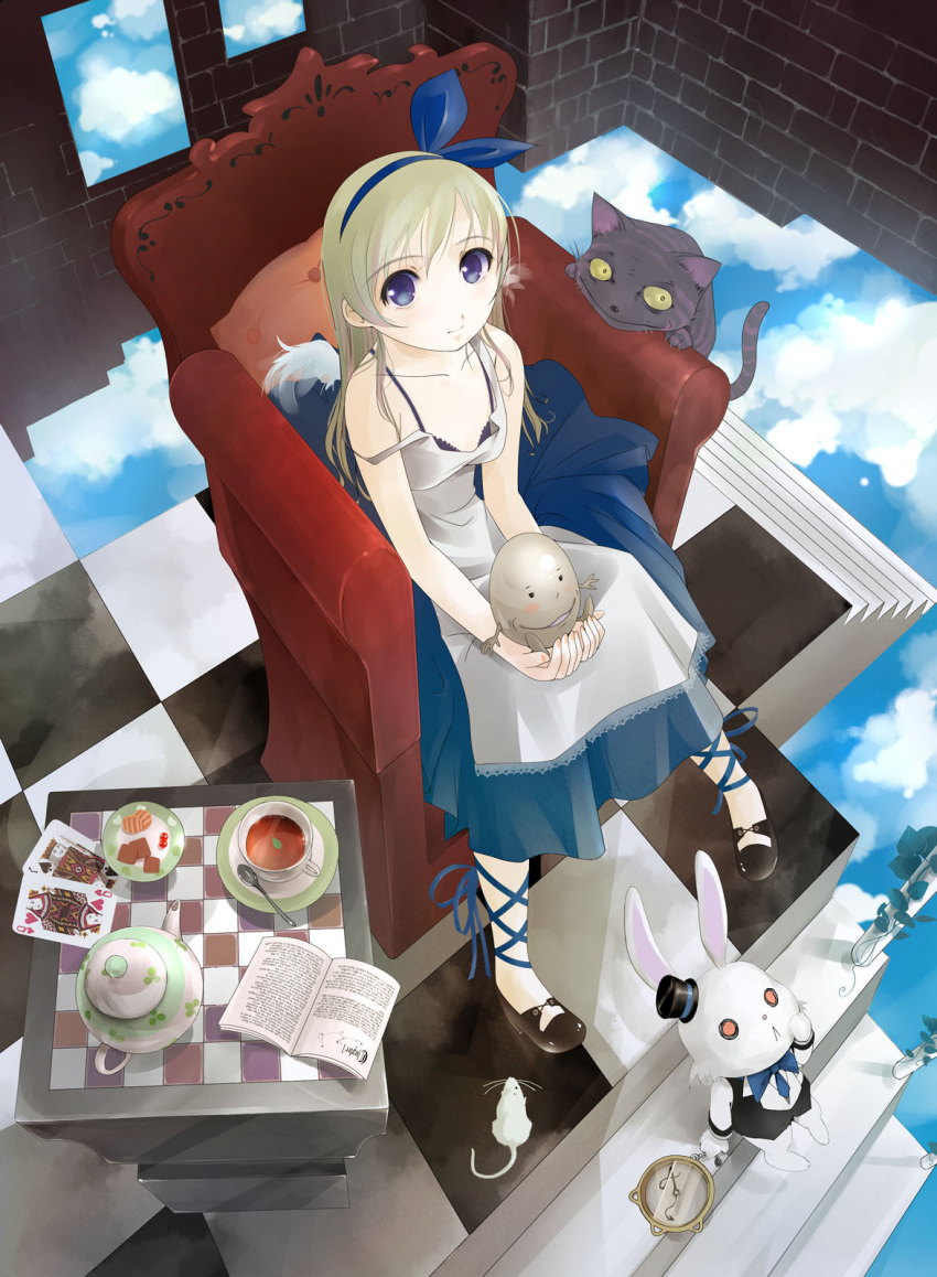 alice_in_wonderland apron book card cat chair checkered cheshire_cat clock cloud dormouse from_above hairband hat highres humpty_dumpty looking_up lying_card mini_top_hat pastry pillow sitting sky stairs tea tea_set top_hat white_rabbit wings yurikuta_tsukumi
