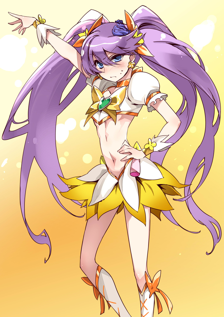 blush character_request cosplay cure_moonlight cure_sunshine cure_sunshine_(cosplay) dress flower heartcatch_precure! highres ishida_akira long_hair magical_girl midriff navel precure purple_hair purple_rose rose tsukikage_yuri twintails very_long_hair yellow_background yellow_dress