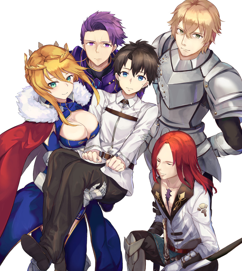 1girl 4boys ahoge armor armored_boots artoria_pendragon_(all) artoria_pendragon_(lancer) bangs belt black_hair blonde_hair blue_eyes boots braid breastplate breasts brown_eyes brown_hair cape chaldea_uniform cleavage closed_eyes closed_mouth collarbone commentary_request crown fate/grand_order fate_(series) faulds french_braid fujimaru_ritsuka_(male) fur-trimmed_cape fur_trim gauntlets gawain_(fate/extra) green_eyes hair_between_eyes highres kneeling knights_of_the_round_table_(fate) lancelot_(fate/grand_order) large_breasts long_hair looking_at_viewer mosta_(lo1777789) multiple_boys pauldrons purple_hair red_cape redhead sheath sheathed shoes short_hair shoulder_armor sidelocks simple_background smile standing sweatdrop swept_bangs tristan_(fate/grand_order) violet_eyes white_background