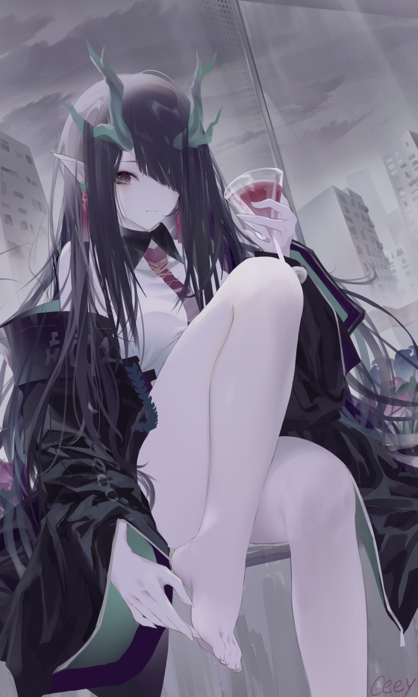1girl arknights barefoot black_coat black_hair breasts brown_eyes building closed_mouth clouds cloudy_sky coat cup dragon_girl dragon_horns dress drink drinking_glass dusk_(arknights) earrings hair_over_one_eye highres holding holding_cup horns jewelry leg_up legs long_hair long_sleeves looking_at_viewer medium_breasts necktie nroy- open_clothes open_coat outdoors pale_skin pointy_ears red_neckwear short_dress signature sky smile solo very_long_hair white_dress
