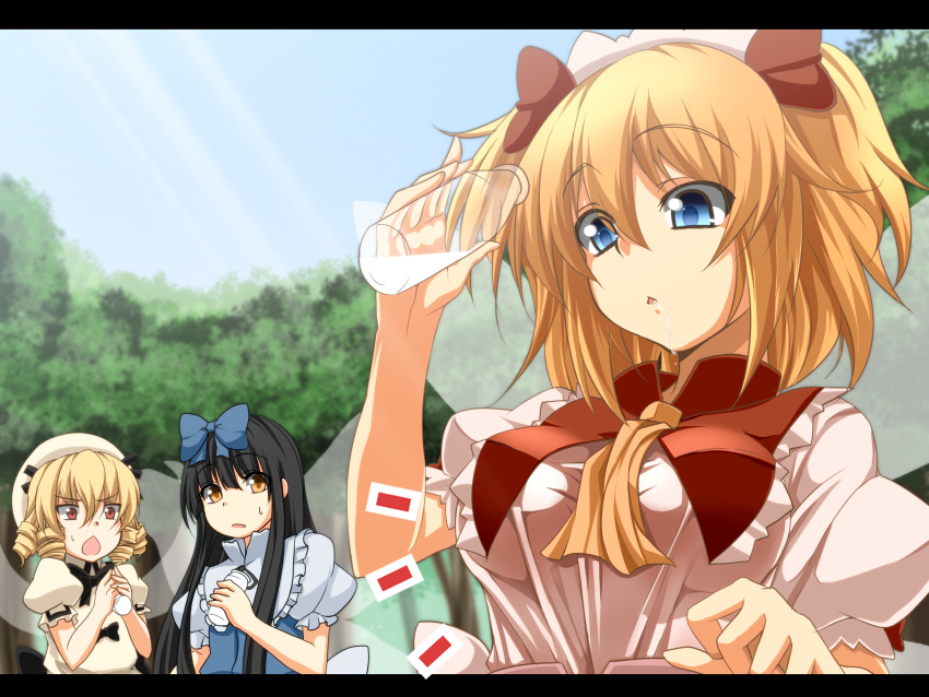 black_hair blonde_hair bottle breast_envy breast_expansion breasts chestnut_mouth drill_hair drinking hat highres kamo_(yokaze) large_breasts long_hair luna_child milk short_hair star_sapphire staring_at_breasts sunny_milk touhou wings