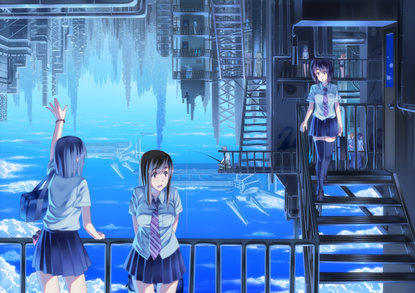 bag cityscape eshi fishing fishing_rod highres multiple_girls necktie original school_bag school_uniform sky stairs thigh-highs thighhighs