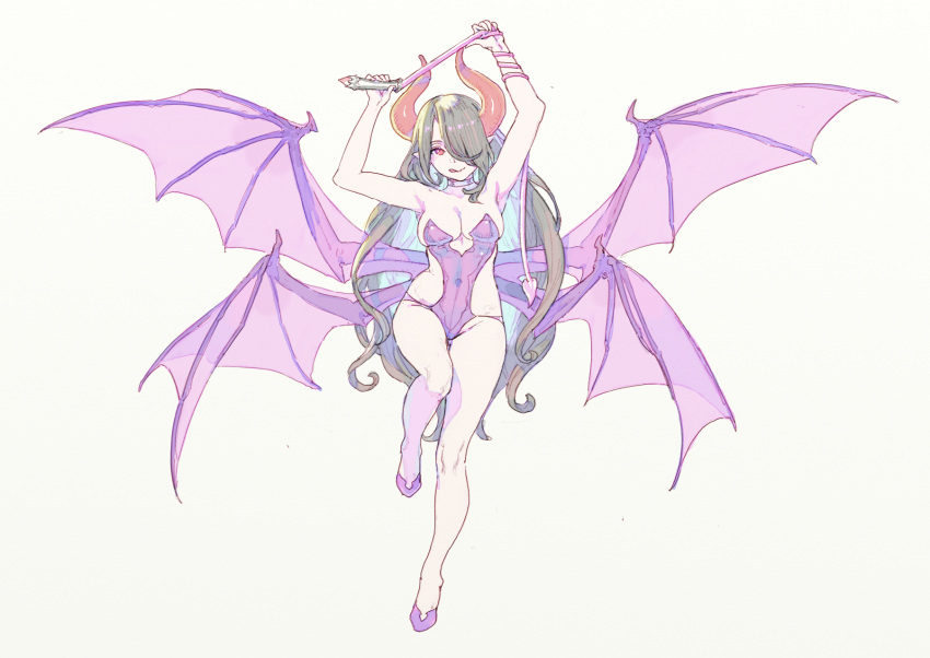 1girl armpits breasts cleavage commentary_request dungeon_maker full_body grey_hair hair_over_one_eye highres horns long_hair looking_at_viewer nagisa_kurousagi purple_footwear purple_wings solo white_background wings