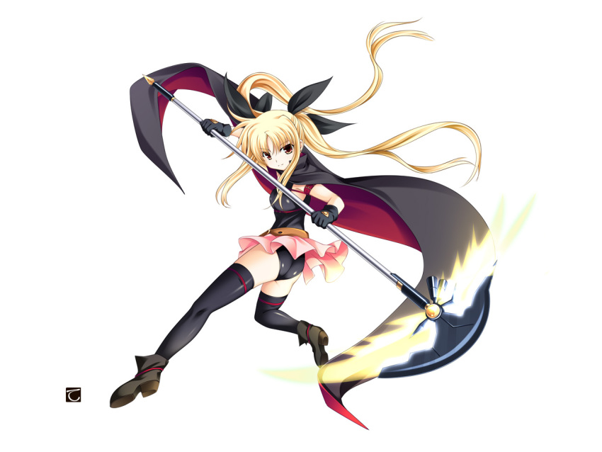 armband ass bardiche belt black_legwear blonde_hair boots cape clenched_teeth fate_testarossa fighting_stance flat_chest from_behind gloves glowing hair_ribbon high_heels huge_weapon leotard long_hair looking_back magical_girl mahou_shoujo_lyrical_nanoha red_eyes ribbon scythe shiny shiny_clothes shoes simple_background skirt solo standing strap tebukuro thighhighs twintails upskirt very_long_hair wallpaper weapon