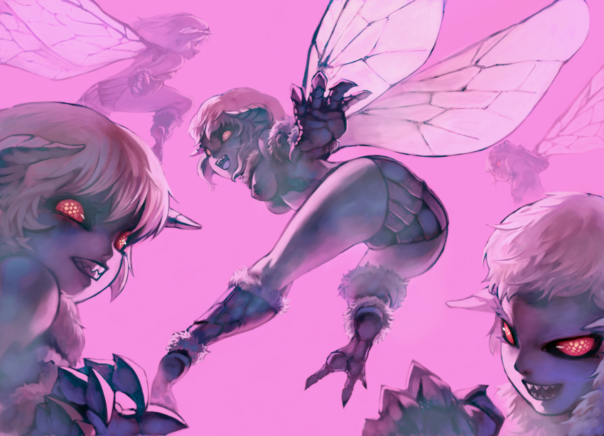 breasts claws flying grin highres horns insect_girl looking_back monster monster_girl original red_eyes sharp_teeth smile takeda_kanryuusai wings
